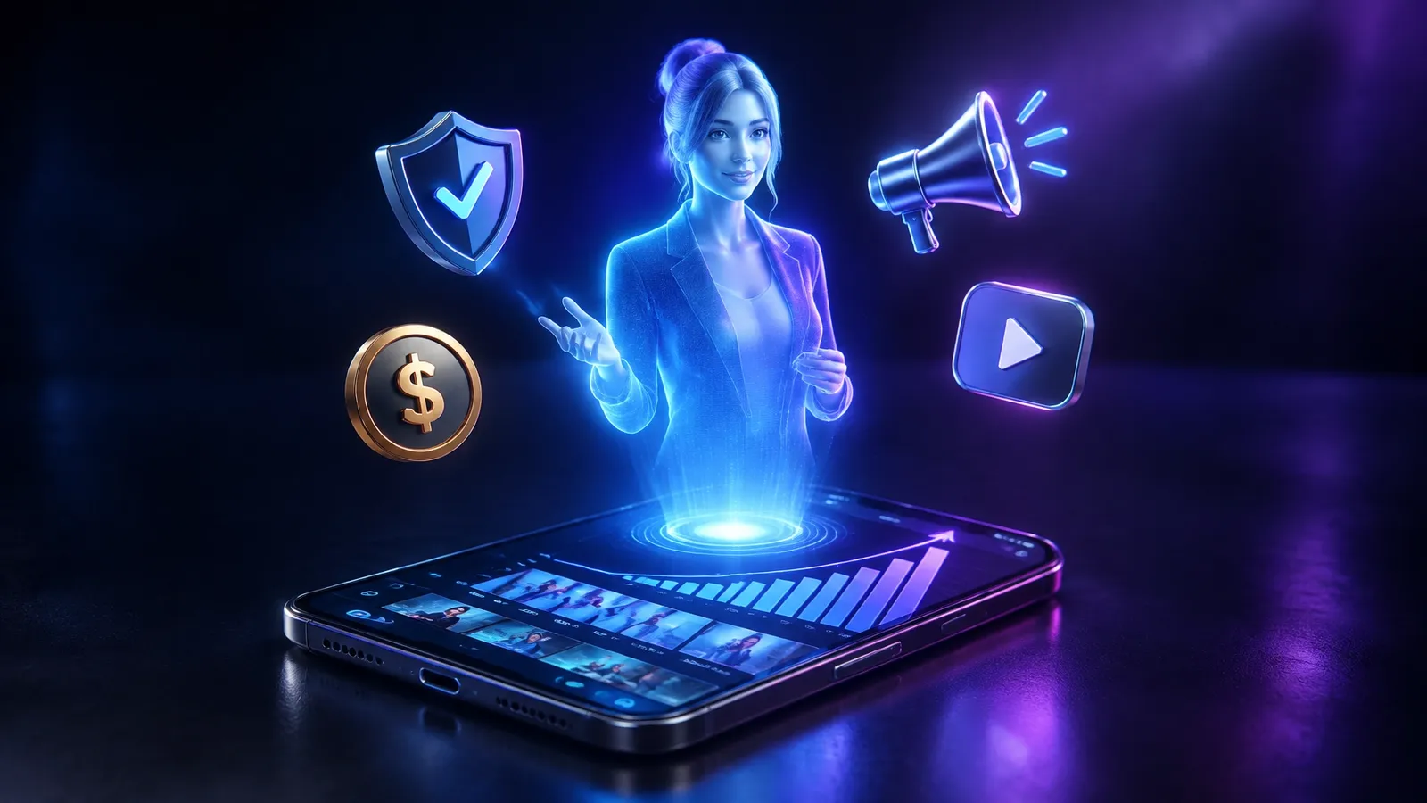 AI assistant hologram rising from a phone surrounded by icons for security, commissions, promotion and video