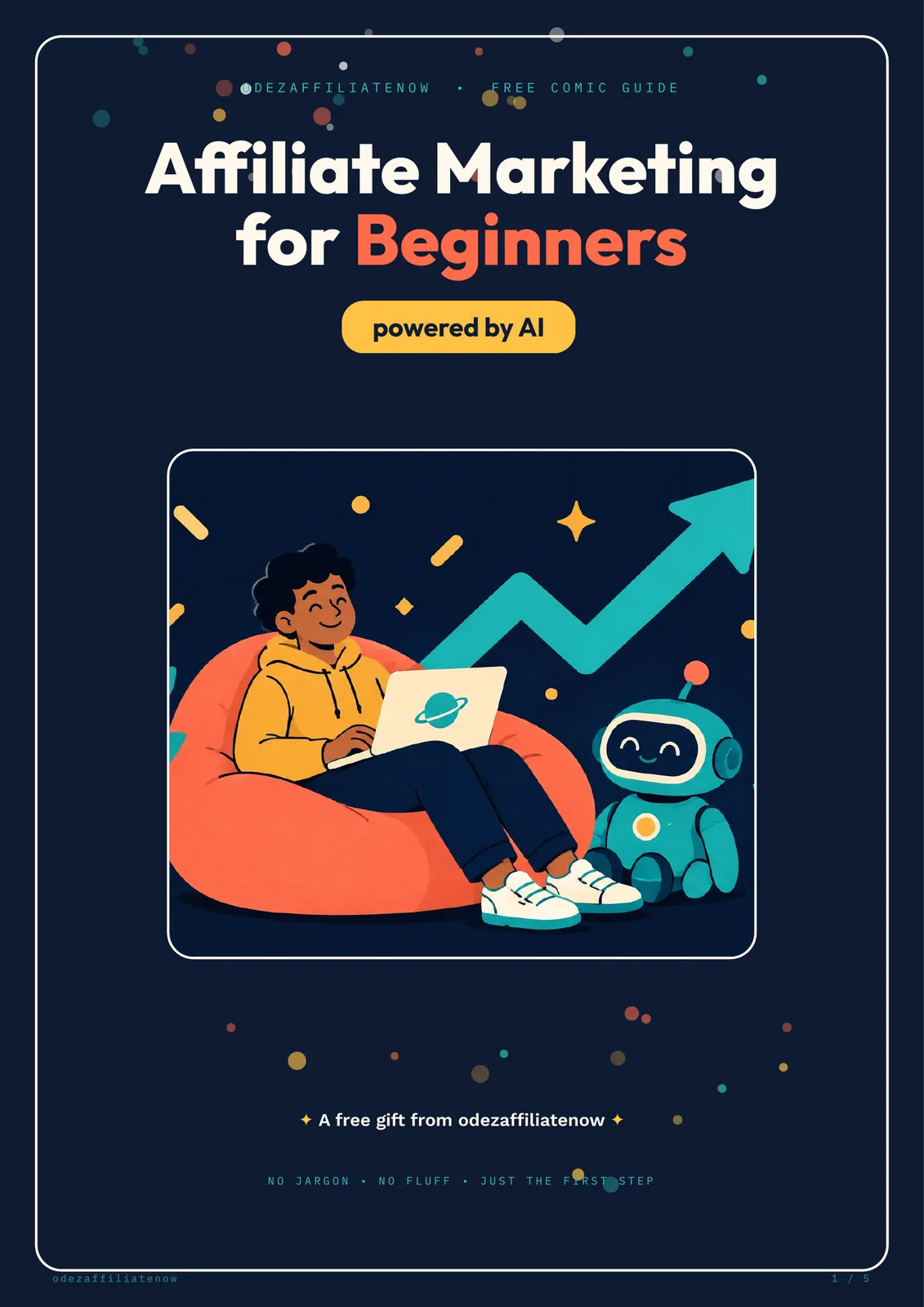 Comic-style Affiliate Marketing for Beginners guide cover with a person, laptop, and friendly AI robot