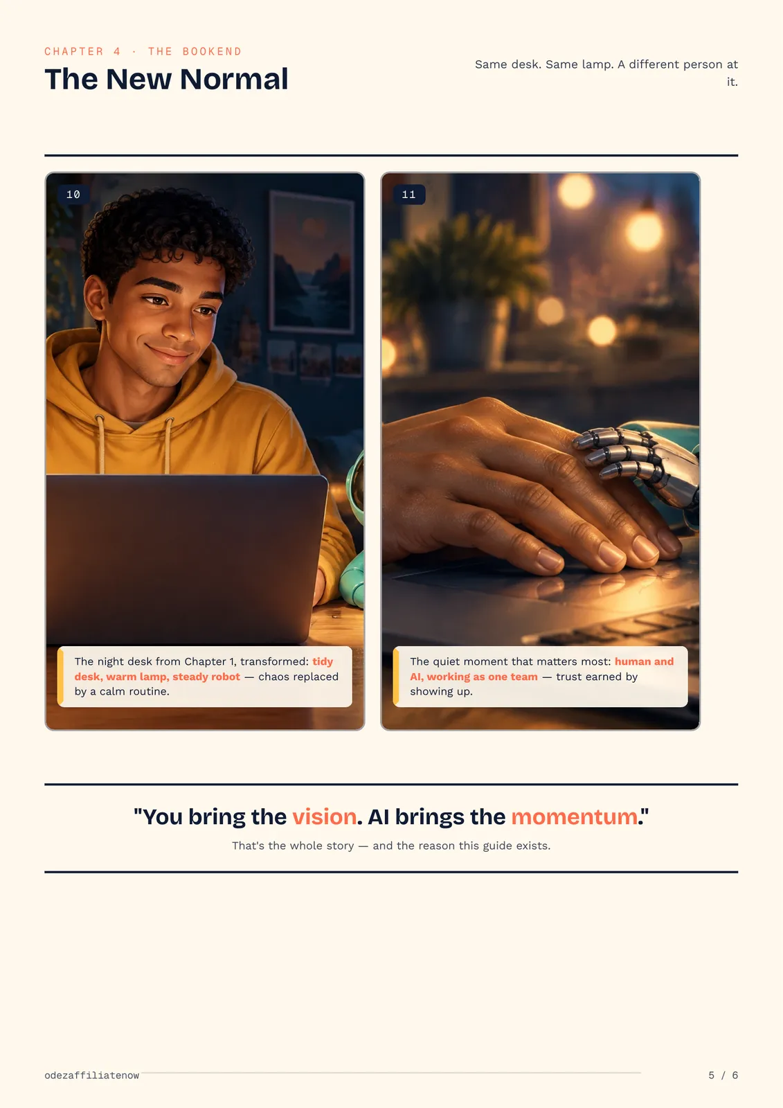 Illustrated scene of a beginner and AI helper working together, symbolizing human-led digital marketing